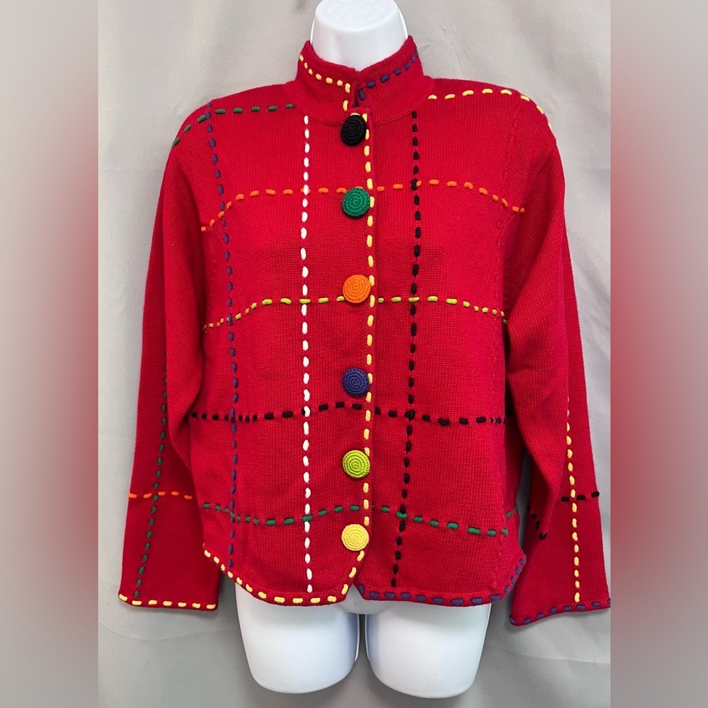 VTG  Lisa Nichols Red Knit Snap Hand Stitch Cotton Top Women's‎ Sz Large